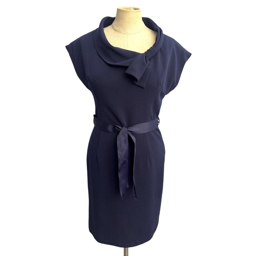 Anne Klein Women 2 Navy Sheath Dress Cap Sleeve Belted Scarf‎ Neckline Career